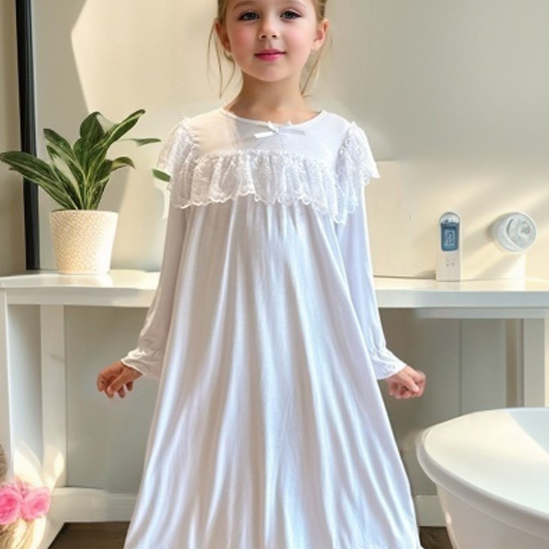Girls Lace Up Neck Ruffle Pajamas Robe Kids Nightdress