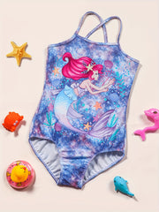 Girl's Mermaid Print Onesie Swimsuit Fish Scale Tie dye Print