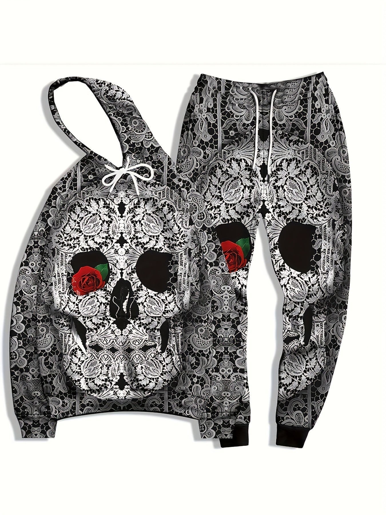 Skull & Roses Print Men's Hoodie & Sweatpants Set for Autumn Winter