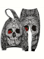 Skull & Roses Print Men's Hoodie & Sweatpants Set for Autumn Winter