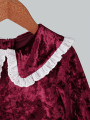 Girls Vintage Velvet Dress Long Sleeve Collared Casual Party Outfit