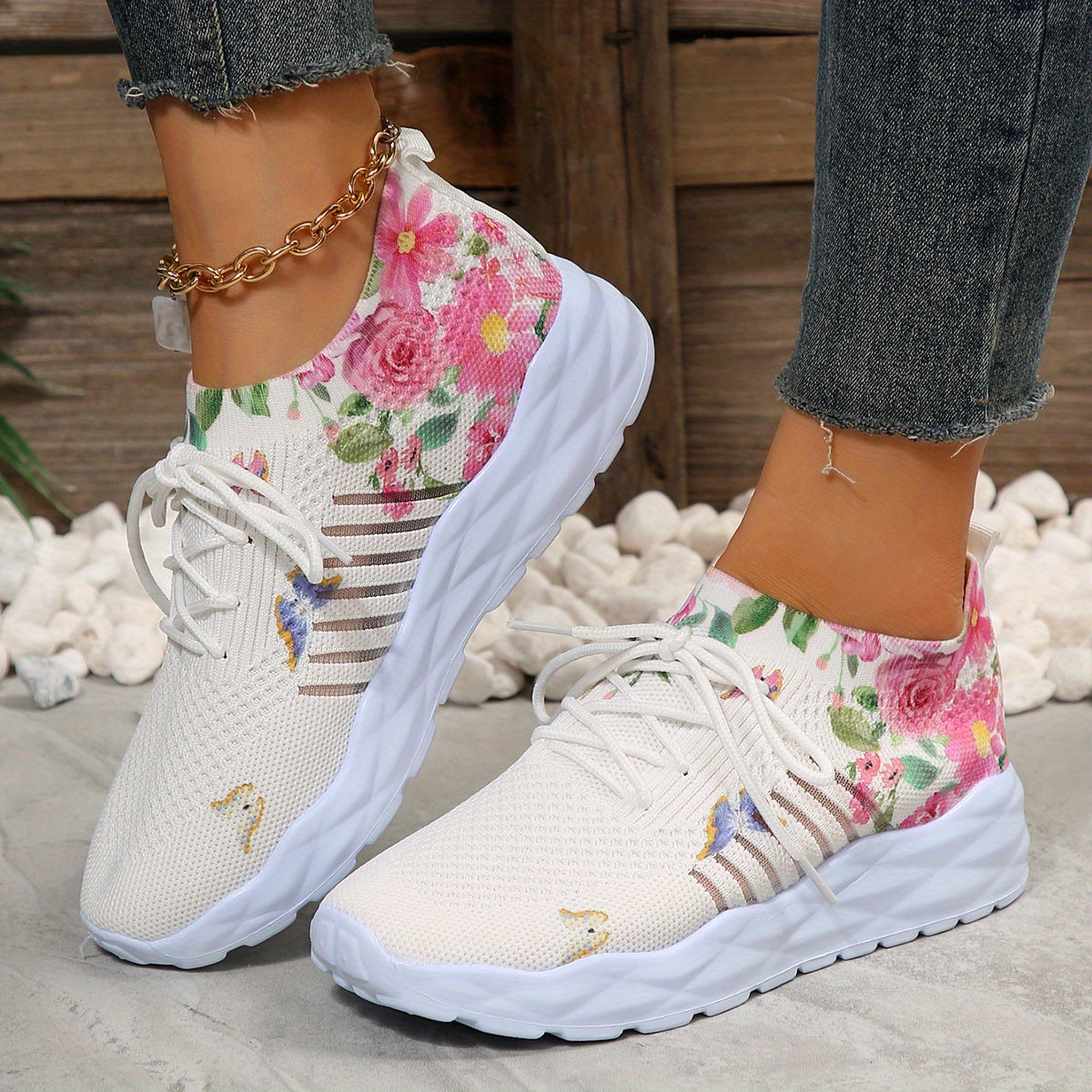 Women's Flower & Butterfly Platform Sneakers Breathable Mesh Lace Up Shoes