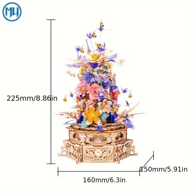 MU Metal Puzzle Model DIY Music Box Rotating Table with Drunken Flowers