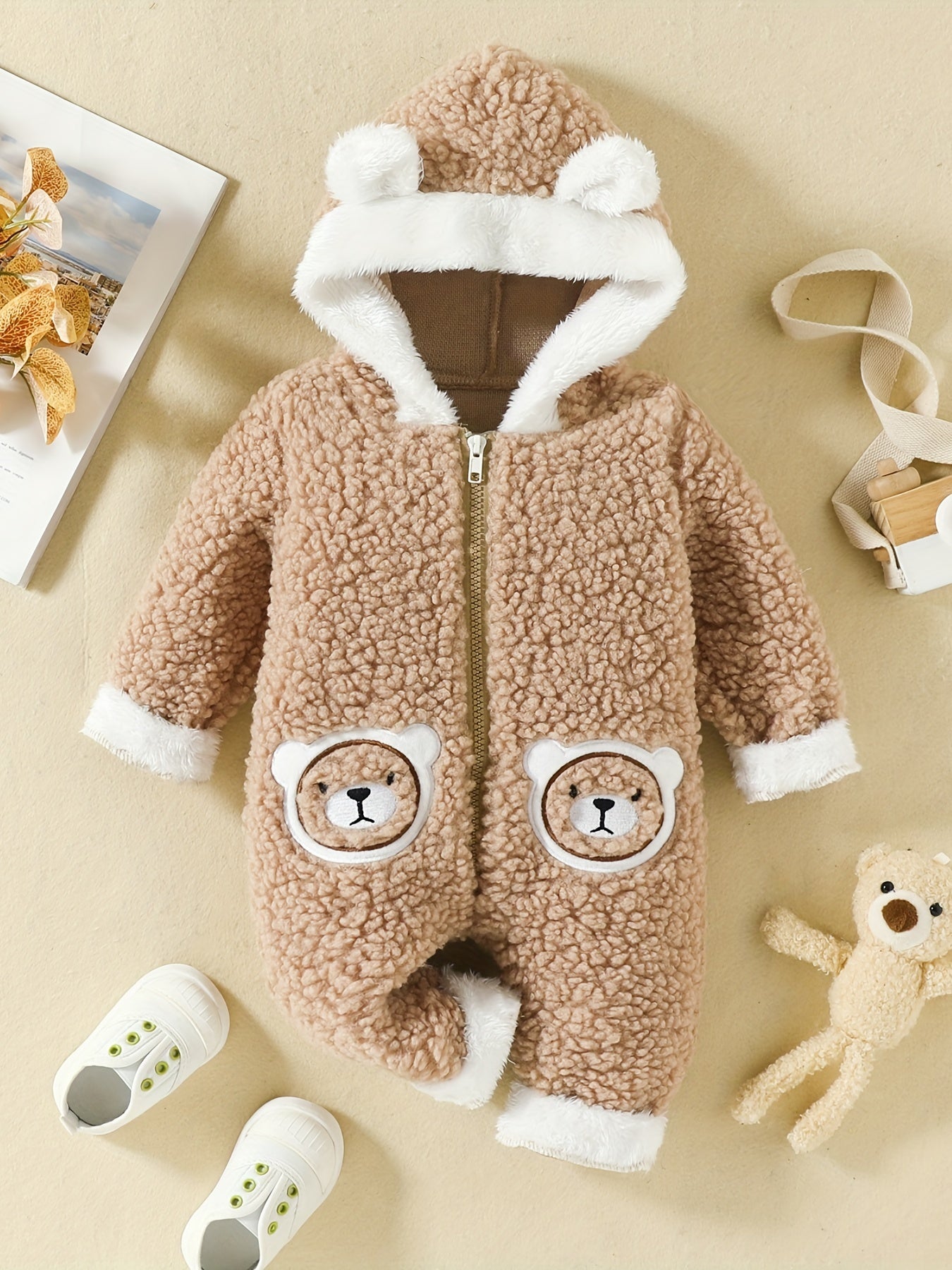 Furry Bear Hooded Baby Jumpsuit with Ears
