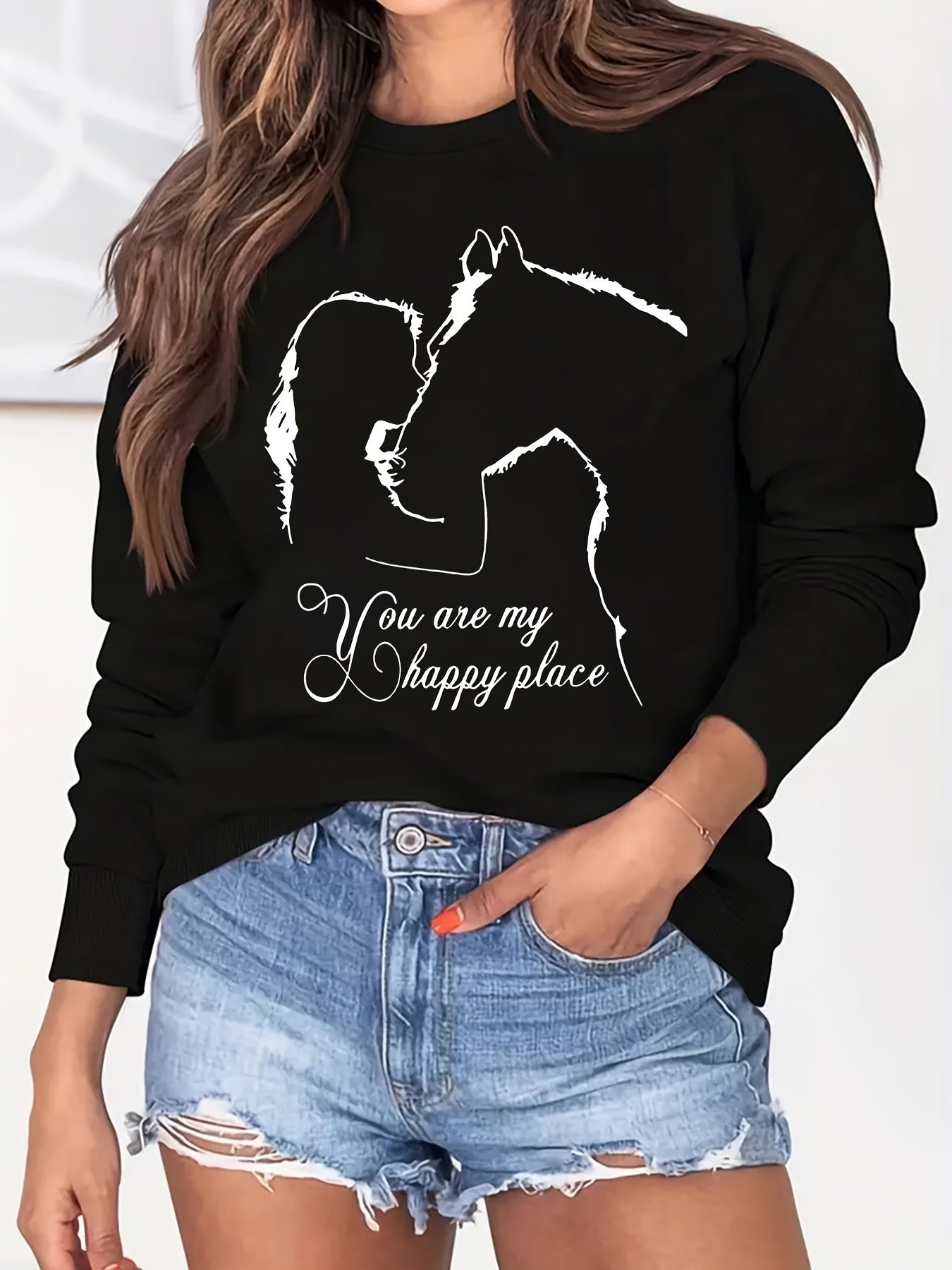 Horse Print Sweatshirt Long Sleeve Crew Neck Casual Sweatshirt