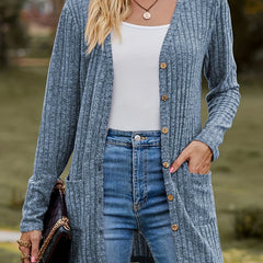 Ribbed Button Up Long Sleeve V Neck Knit Cardigan