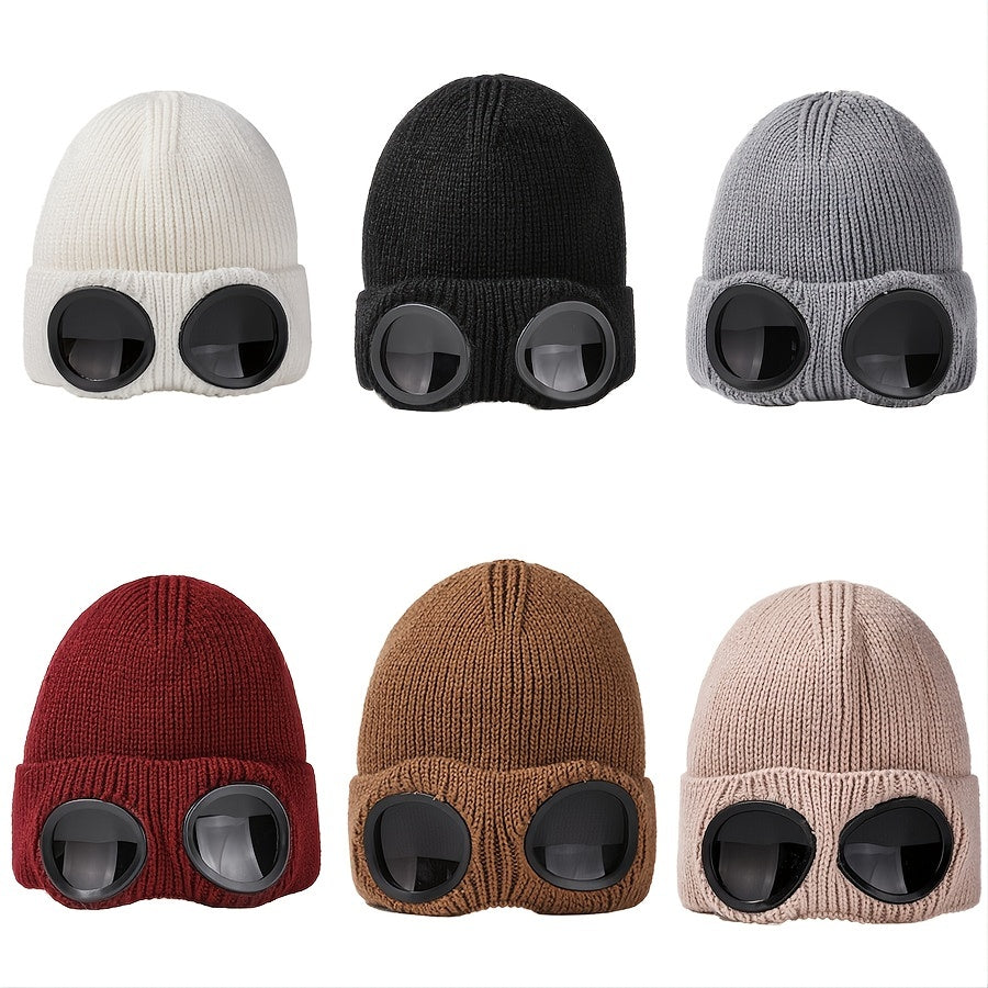 Warm Knitted Beanie Hat with Ski Goggles for Winter Outdoor Activities
