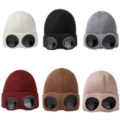 Warm Knitted Beanie Hat with Ski Goggles for Winter Outdoor Activities
