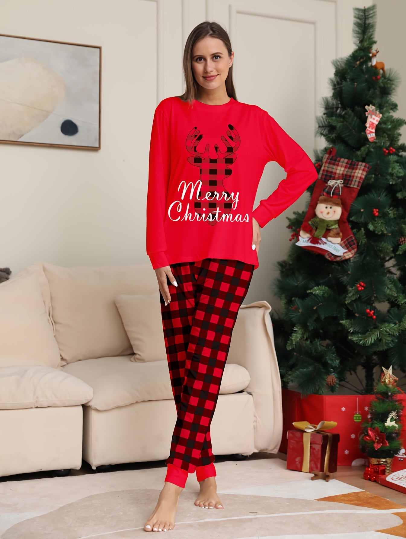 Christmas Pattern Pajama Set Long Sleeve Top & Pants Women's Sleepwear