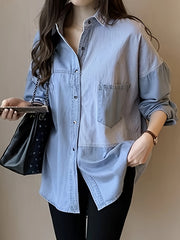 Denim Top Women's Plus Contrast Striped Print