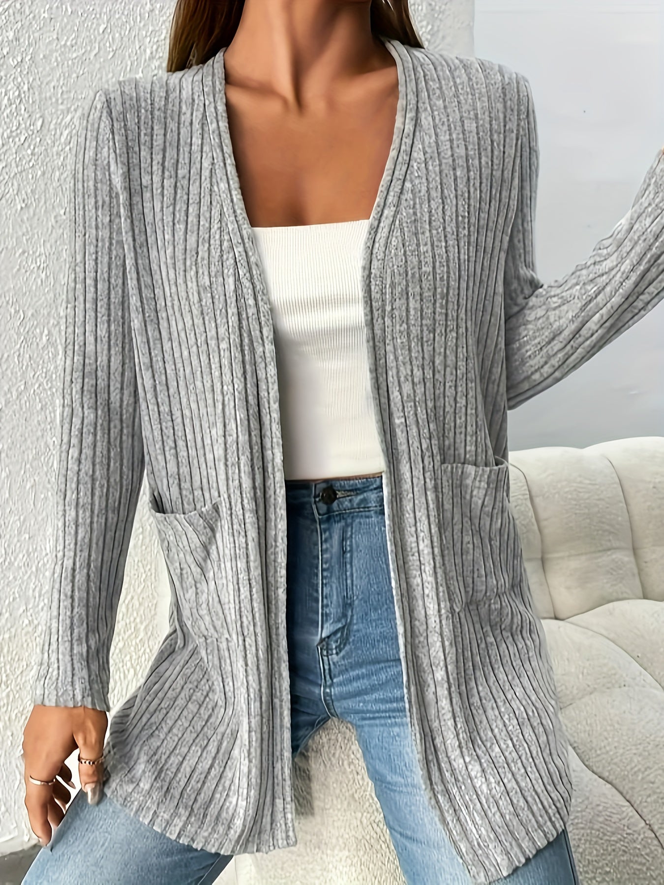 Women's Ribbed Long Sleeve Cardigan With Pockets