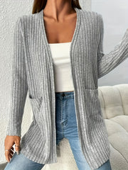 Women's Ribbed Long Sleeve Cardigan With Pockets
