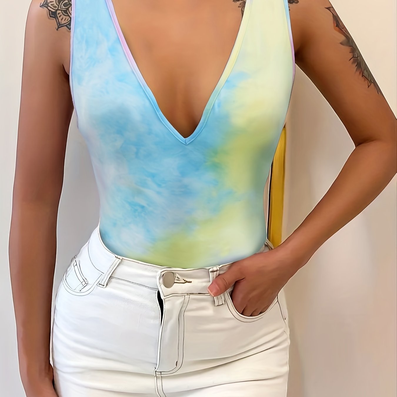 Plunging Neck Tie Dye Tank Top for Summer