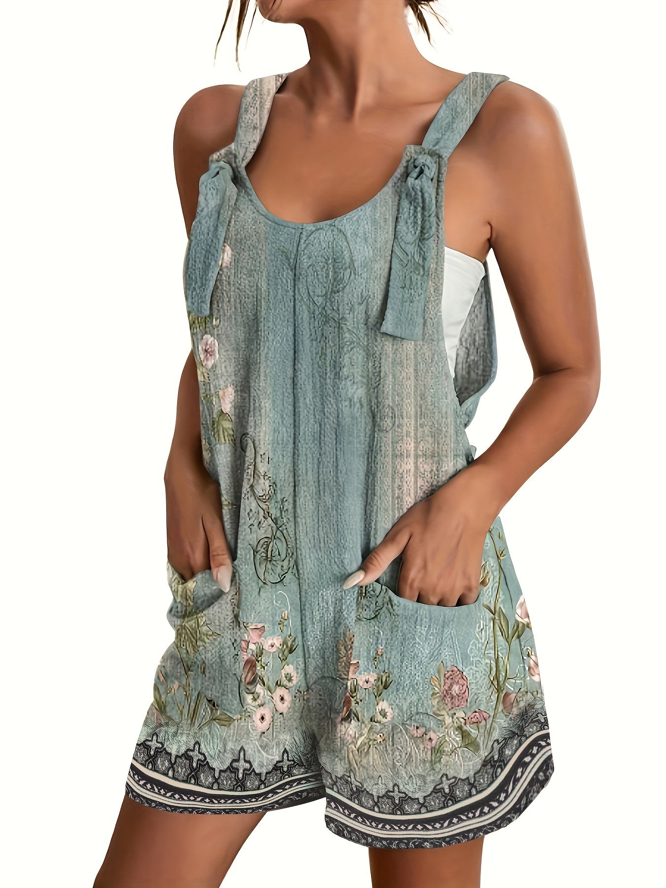 Floral Print Overall Romper Casual Sleeveless Pocket Front Romper