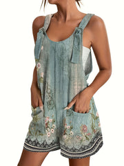 Floral Print Overall Romper Casual Sleeveless Pocket Front Romper