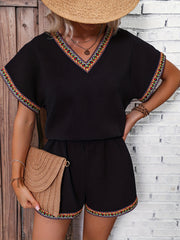Ethnic Casual Two piece Set V Neck Short Sleeve Tee & Wide Leg Shorts