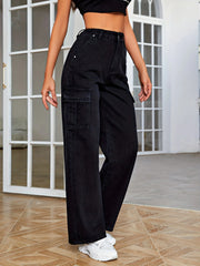 High Rise Denim Cargo Pants Solid Wide Leg Casual Cargo Jeans