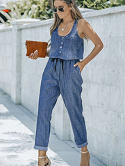 Sleeveless Denim Overalls Wide Leg Jumpsuit Womens Jeans