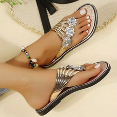 Floral Rhinestone Flip Flops Open Toe Slip On Flat Slide Shoes