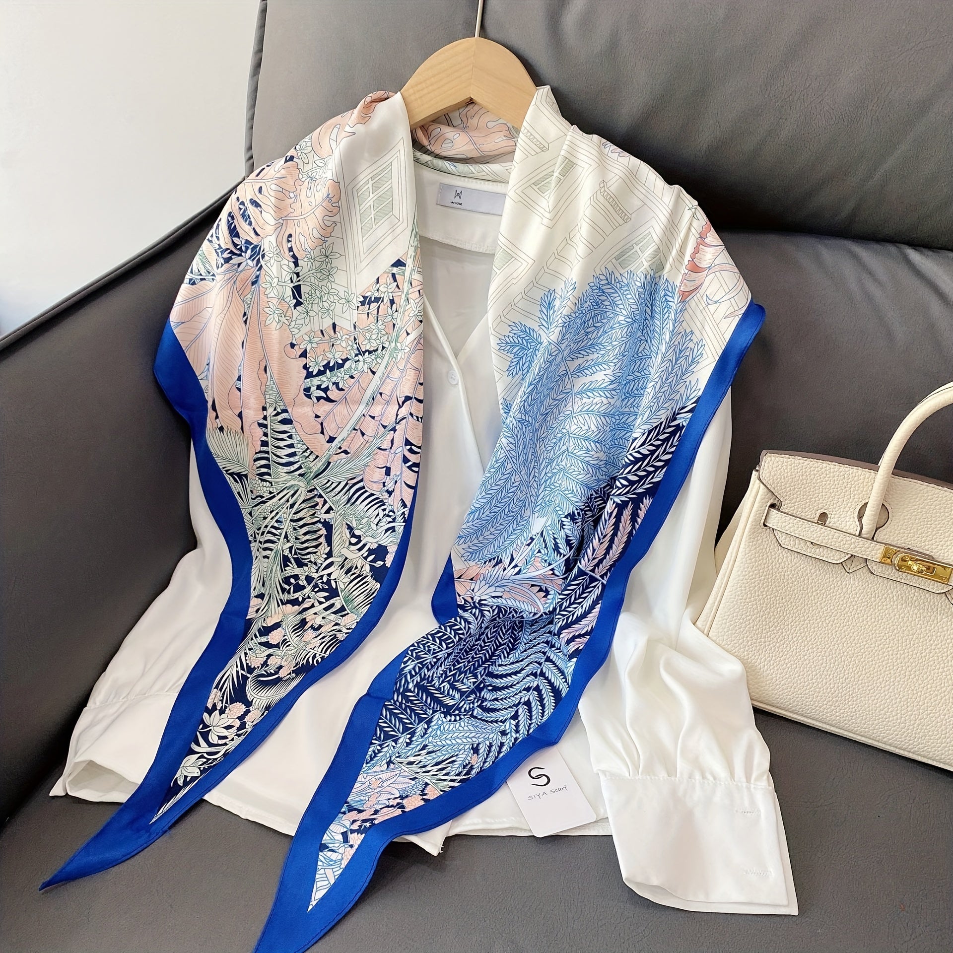 Leaf Print Rhombus Scarf Block Shawl Thin Windproof Head Wrap Bandana