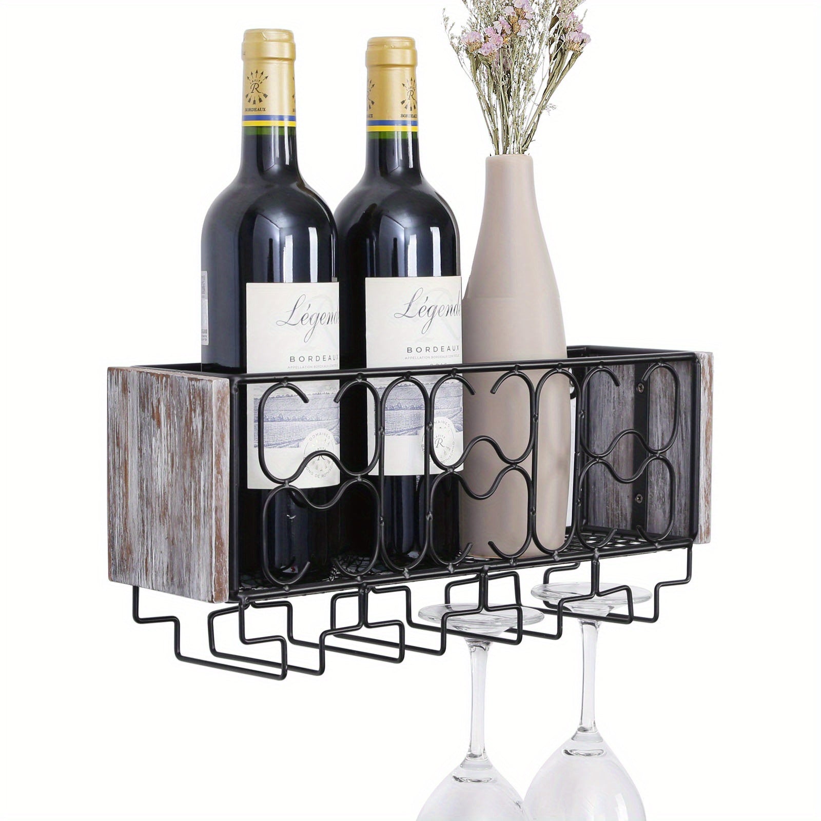 Wall Mounted Wine Rack For 4 Glasses Metal Bottle Holder Rustic Floating Shelf
