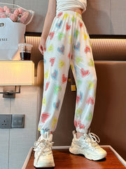 Girls Hearts Print Wide Leg Casual Pants Trousers Breathable And Thin Cotton