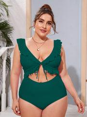 Solid V Neck Keyhole Tie Front Ruffle One Piece Swimsuit