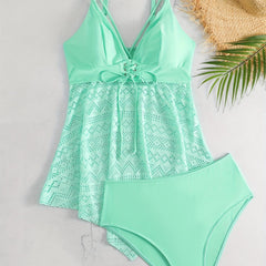 Eyelet Lace V Neck Tankini & Panty Swimsuit Set