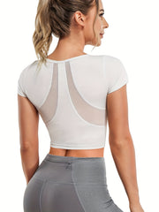 Stylish Solid Back Mesh Crop T Shirt for Yoga Running