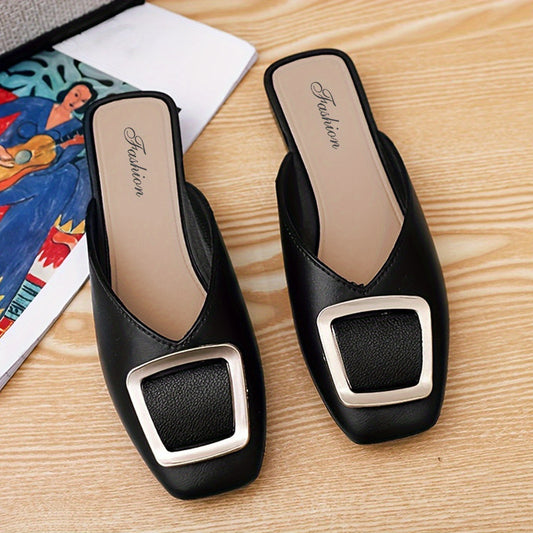 Square Buckle Flat Mule Slippers Block Heel Boots