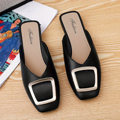 Square Buckle Flat Mule Slippers Block Heel Boots