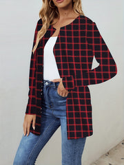 Plaid Crew Neck Jacket Casual Open Front Long Sleeve Jacket