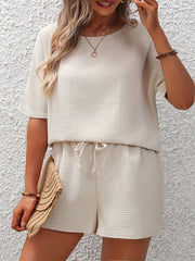 Waffle Knit Top & Drawstring Shorts 2PC Set