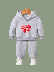 Girls Heart Pattern Hooded Sweatshirt Top Sweatpants Set