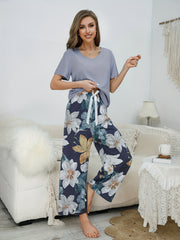 Floral Print Pajama Set Short Sleeve Crew Neck Top & Bow Pants