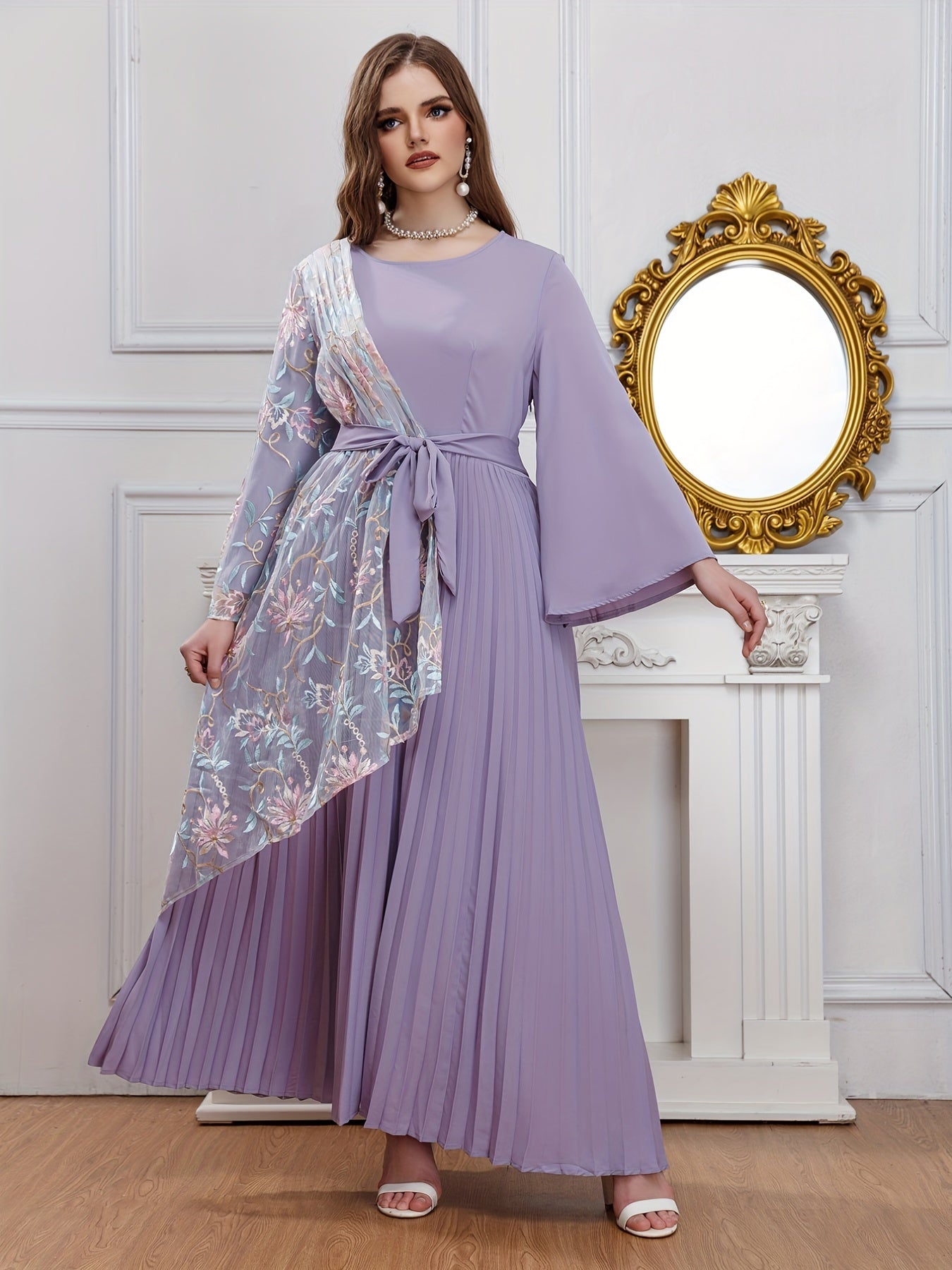 Abaya Dress Women's Plus Contrast Lace Bell Sleeve