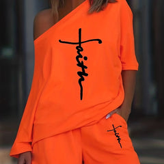 Letter Print Matching Two piece Set One shoulder Long Sleeve T shirt & Loose Sho