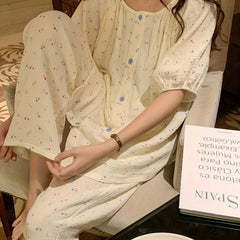 Floral Print Pajama Set Short Sleeve Button Top & Pants