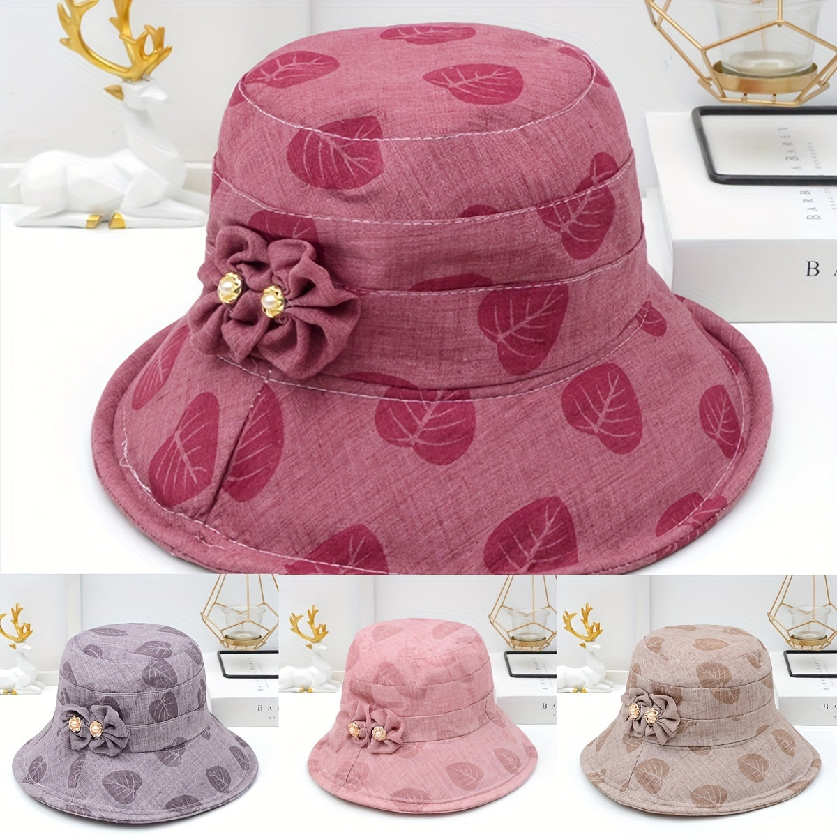 Printed Bucket Hat Flower Decor Sunscreen Basin Hat Foldable Beach Hats