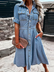 Short Sleeve Denim Dress Flap Pockets Single Breasted Button Lapel