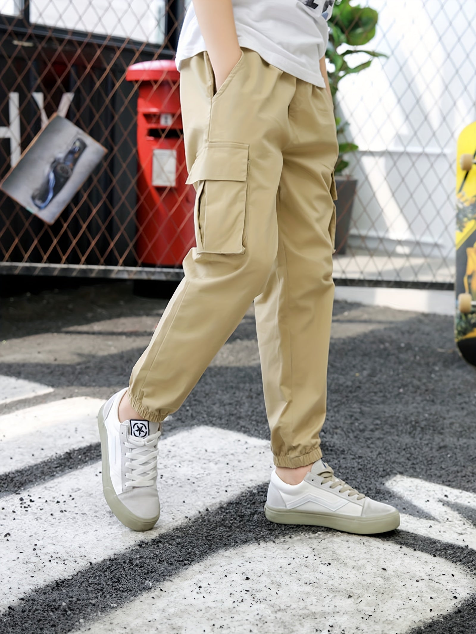 Boys Solid & Camo Style Cargo Pants With Pocket
