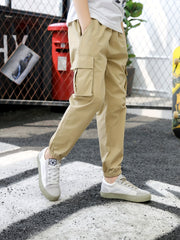 Boys Solid & Camo Style Cargo Pants With Pocket