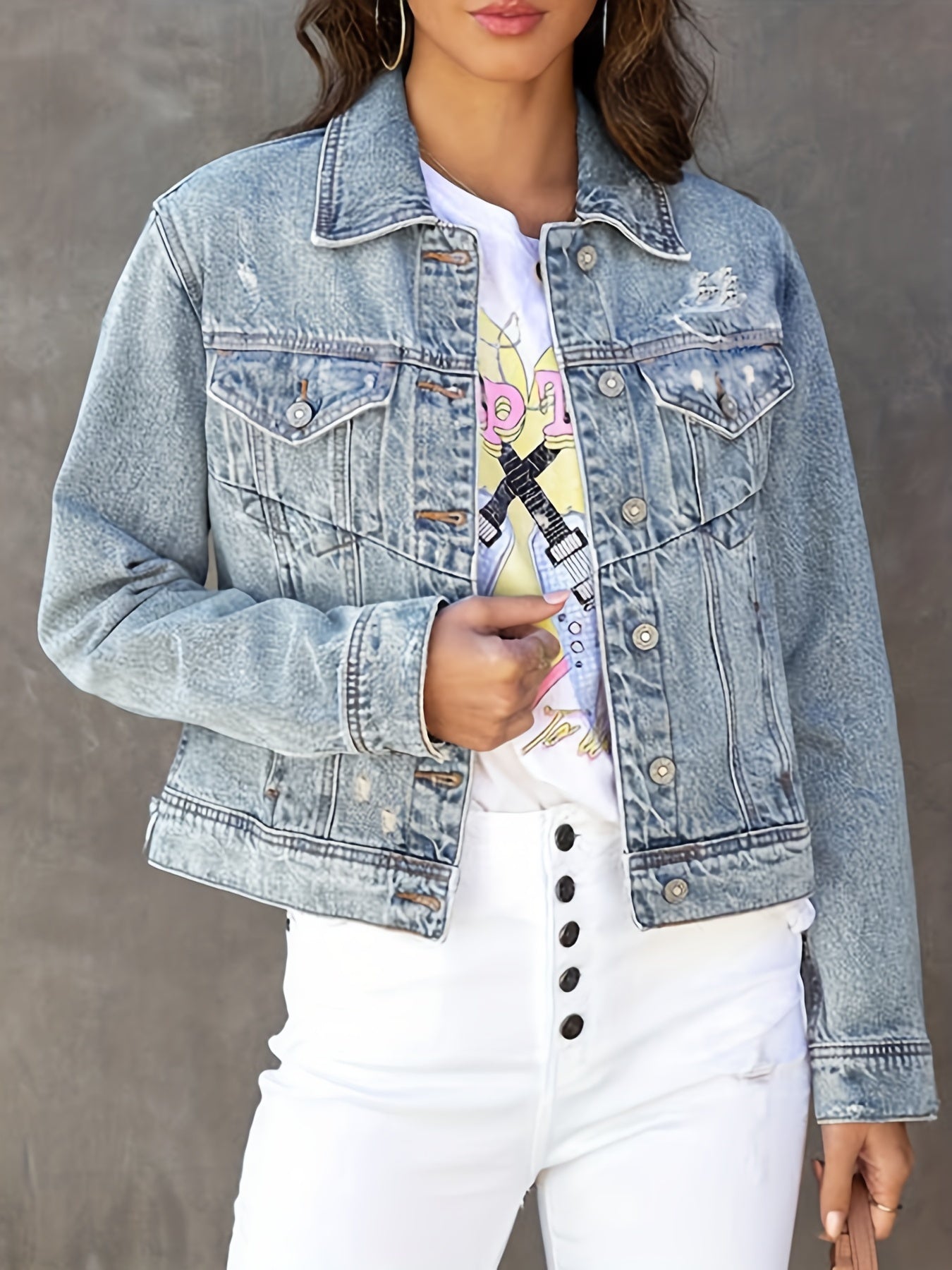 Distressed Denim Jacket with Slit Pocket