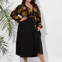 Colorblock Floral Print Surplice Neck Dress