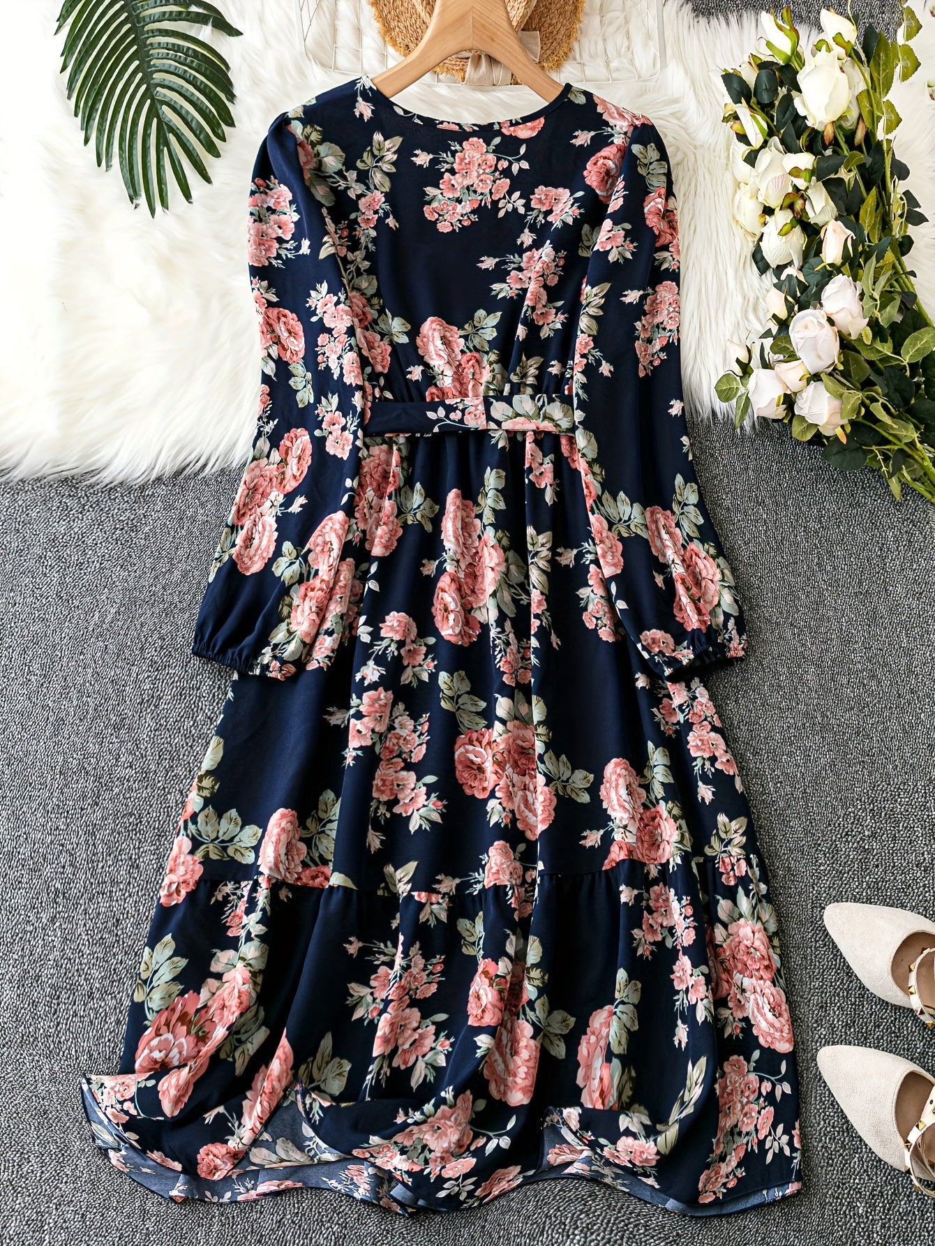Women's Plus Floral Print Lantern Sleeve Surplice Neck Maxi Dress