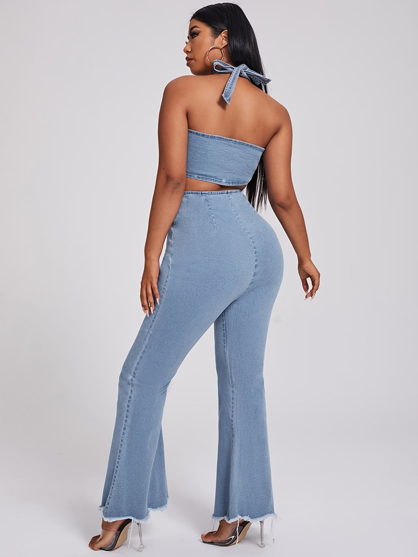 Y2K Denim Halter Neck Crop Top & Flared Leg Jeans Set Plus Size