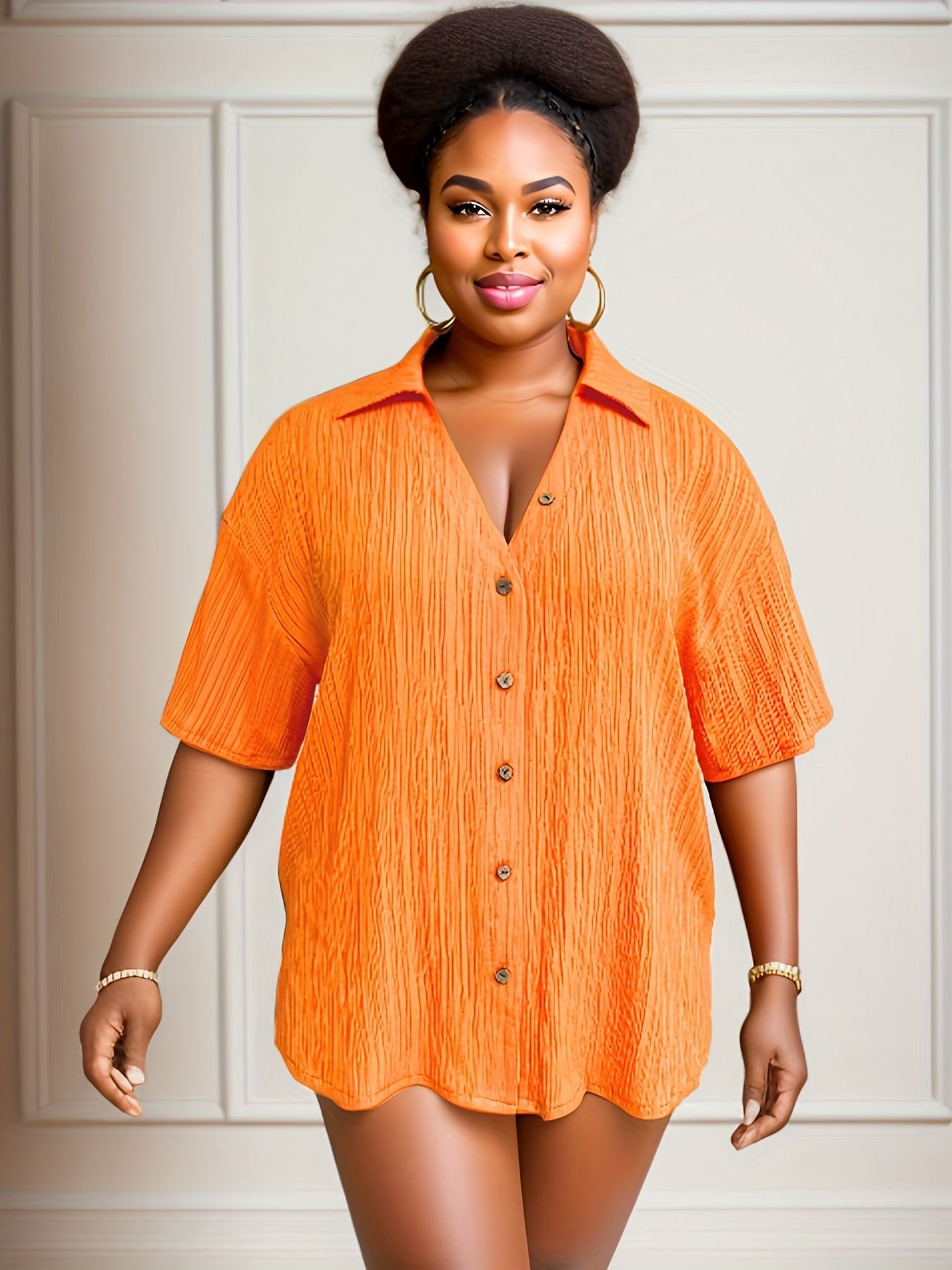 Blouse Women's Ribbed Short Sleeve Button Up Shirt