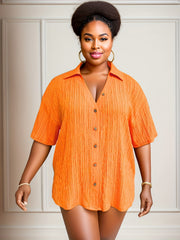 Blouse Women's Ribbed Short Sleeve Button Up Shirt