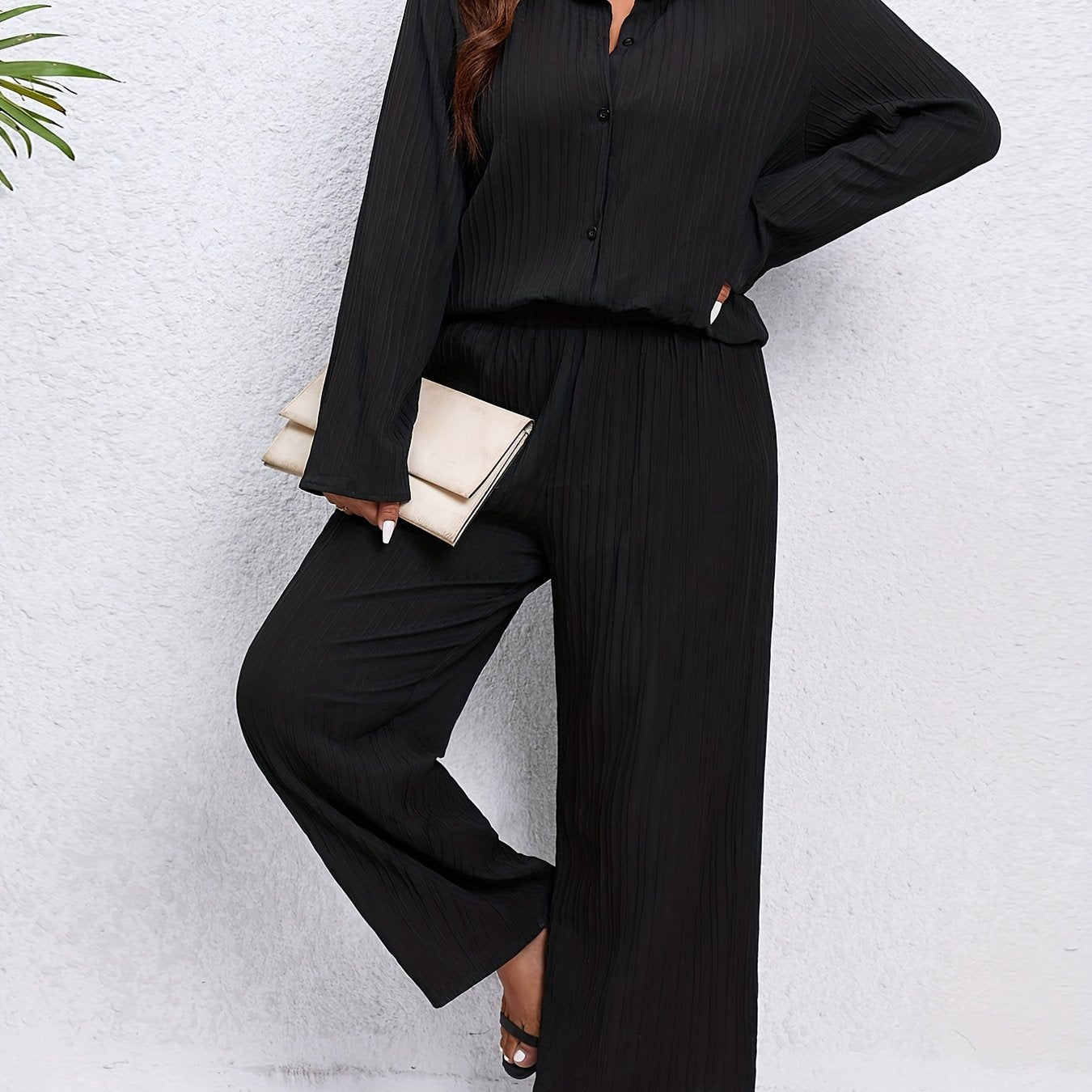 Solid Ribbed Button Up Polo Neck Blouse & Wide Leg Pants Set