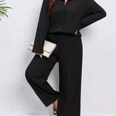 Solid Ribbed Button Up Polo Neck Blouse & Wide Leg Pants Set